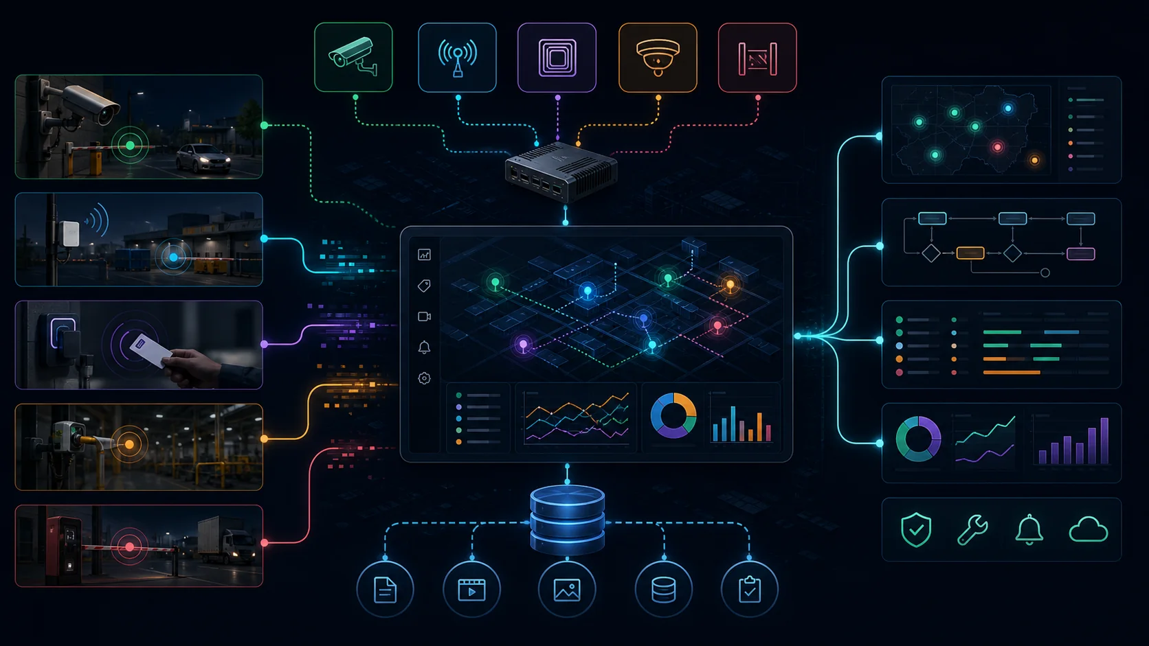 Operational events from cameras, RFID, sensors, and edge devices connected into dashboards and records